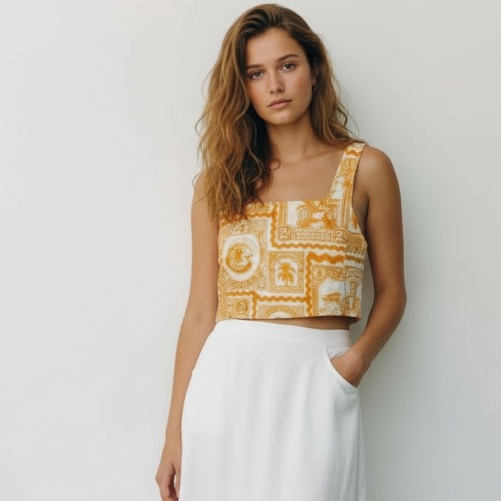 NWT Medium Linen Crop Tank Top Stamp Resort Wear Vacation Boho Coastal Orange